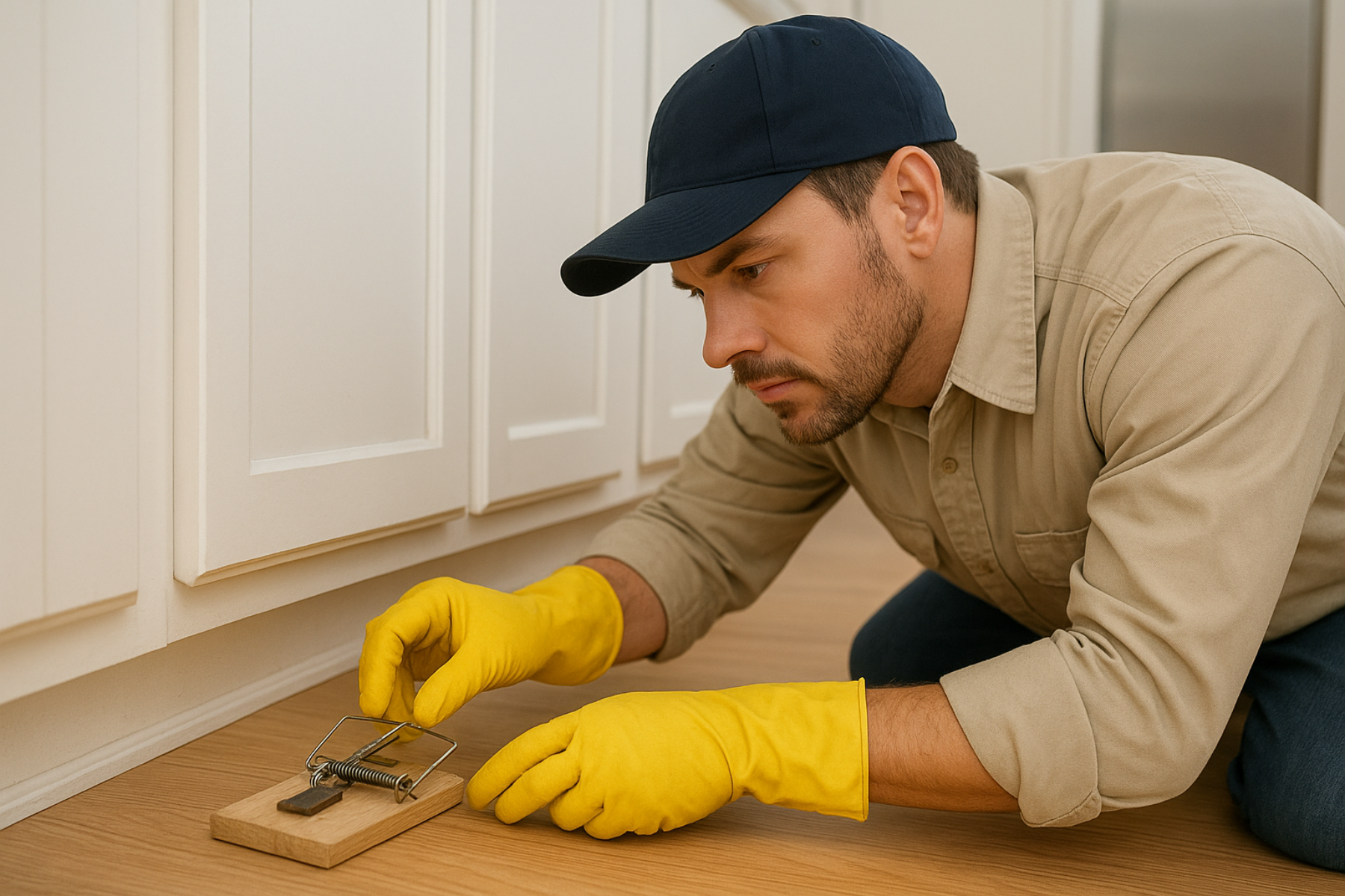 exterminator setting a mouse trap