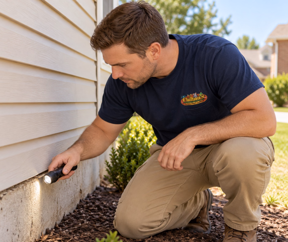 pest technician inspecting a home's foundation